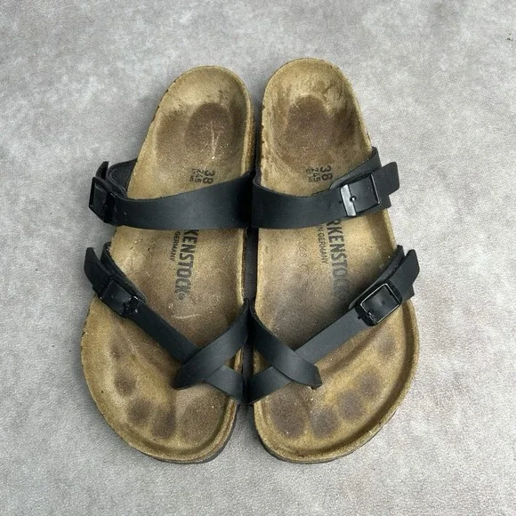 Birkenstock Mayari Womens 7 Sandals Slip On Strappy Black Leather Toe Loop EU 38 - Picture 6 of 9